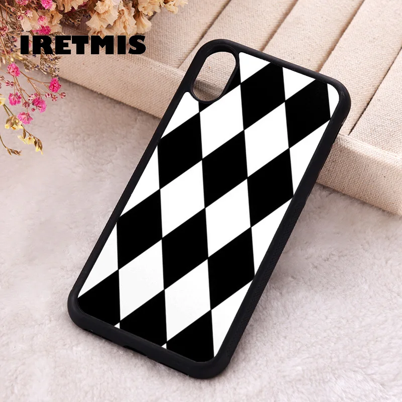 

Iretmis Phone Cover Case For iPhone X XS Max XR 11 12 13 PRO MINI 14 15 16 Plus Rubber Silicone Black & White Argyle Pattern