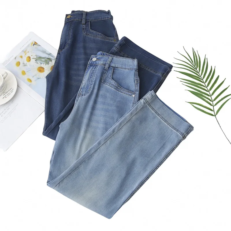 

Джинсы из лиоцелла больших размеров для пышных женщин, весна-лето 2026, с высокой эластичной талией, прямые укороченные брюки, модель 8935