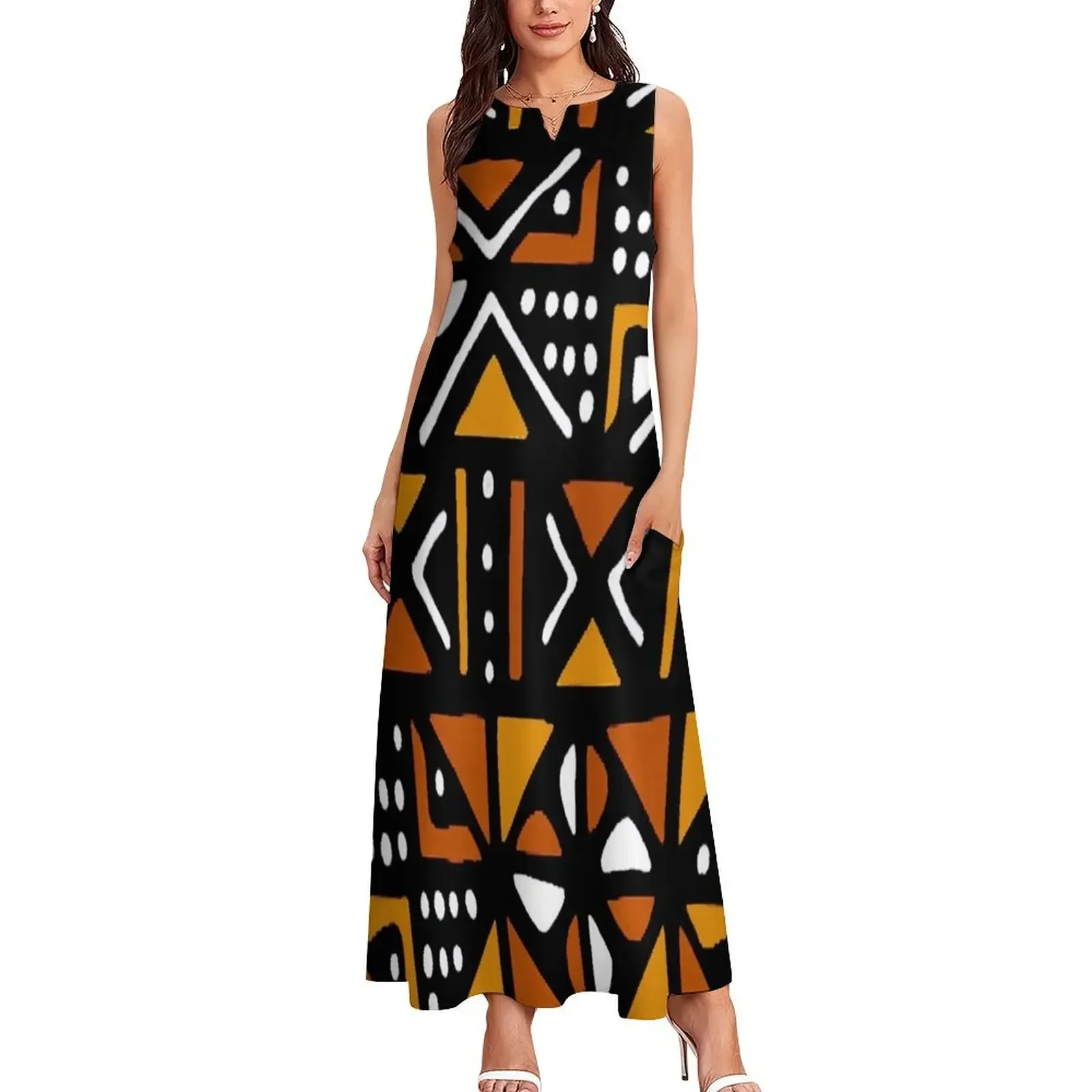 Orange Bogolan Afrikanisches Muster Langes Kleid Damenkleider für besondere Anlässe Ballkleider Sommerkleid Alltagskleid