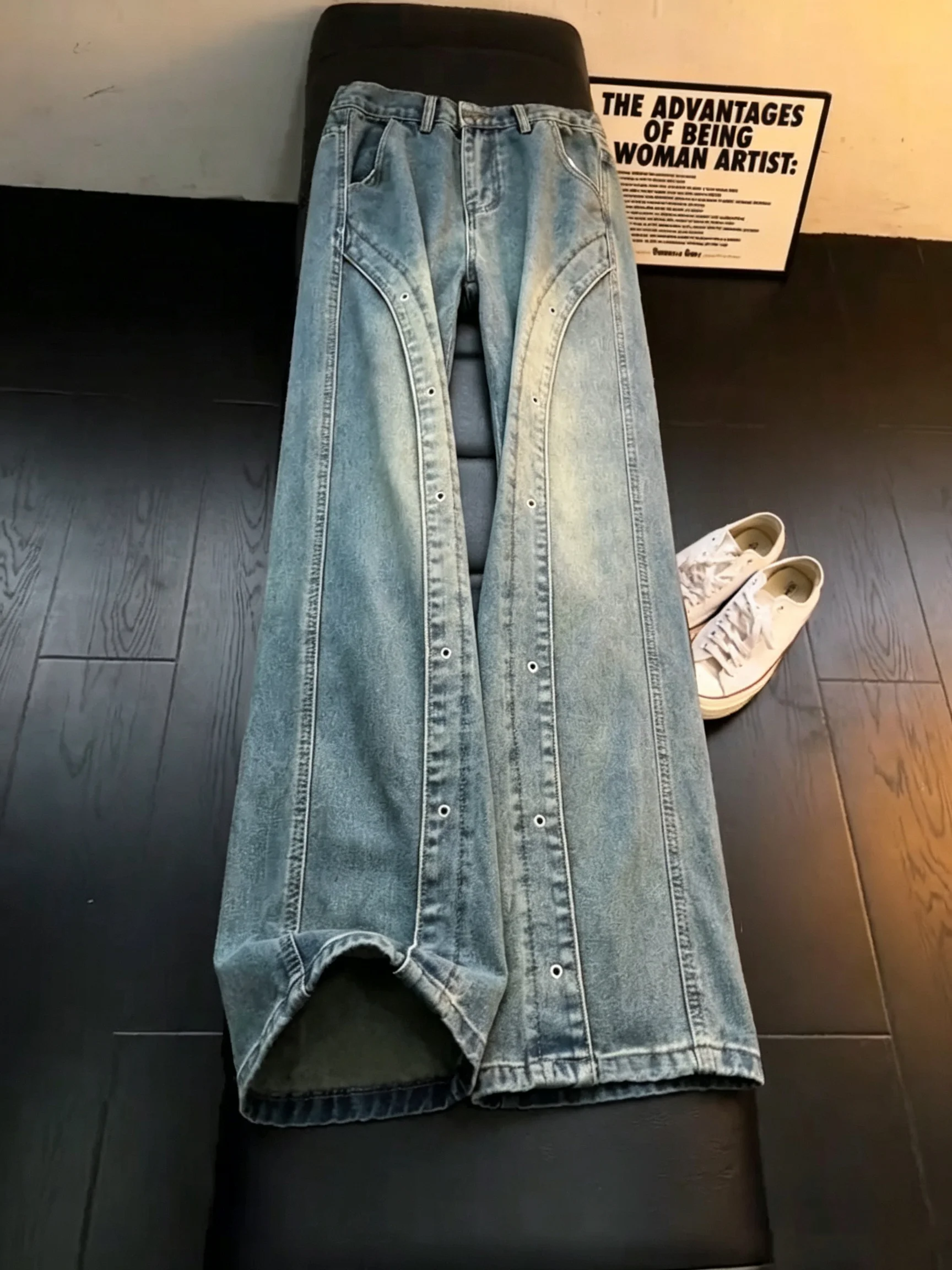 American Retro Deconstructed Button Men's Jeans Washed High Street Vibe Knife Straight Tube Workwear Micro Flare Pants