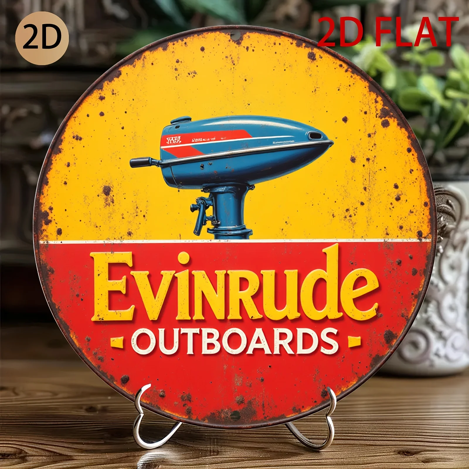 2D Plane Circular Tin Metal Evinrude Outboards Logo  Wall Art Boating Themed Decoration for Home Garage or Cafe, 2D Flat,