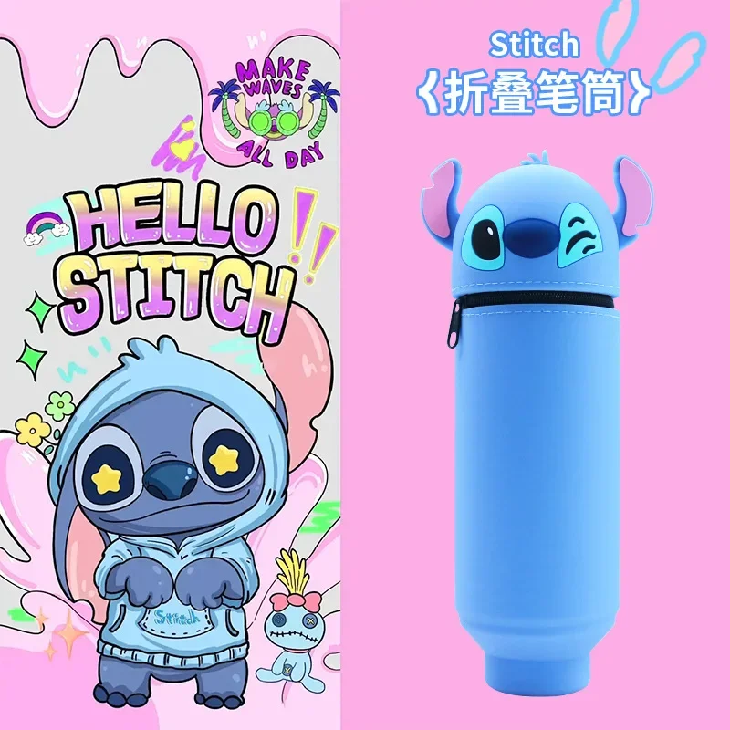 ใหม่ Disney Stitch Telescoping ซิลิโคนดินสอพับการ์ตูนผู้ถือปากกาสําหรับนักเรียนน่ารักเครื่องเขียน Storage