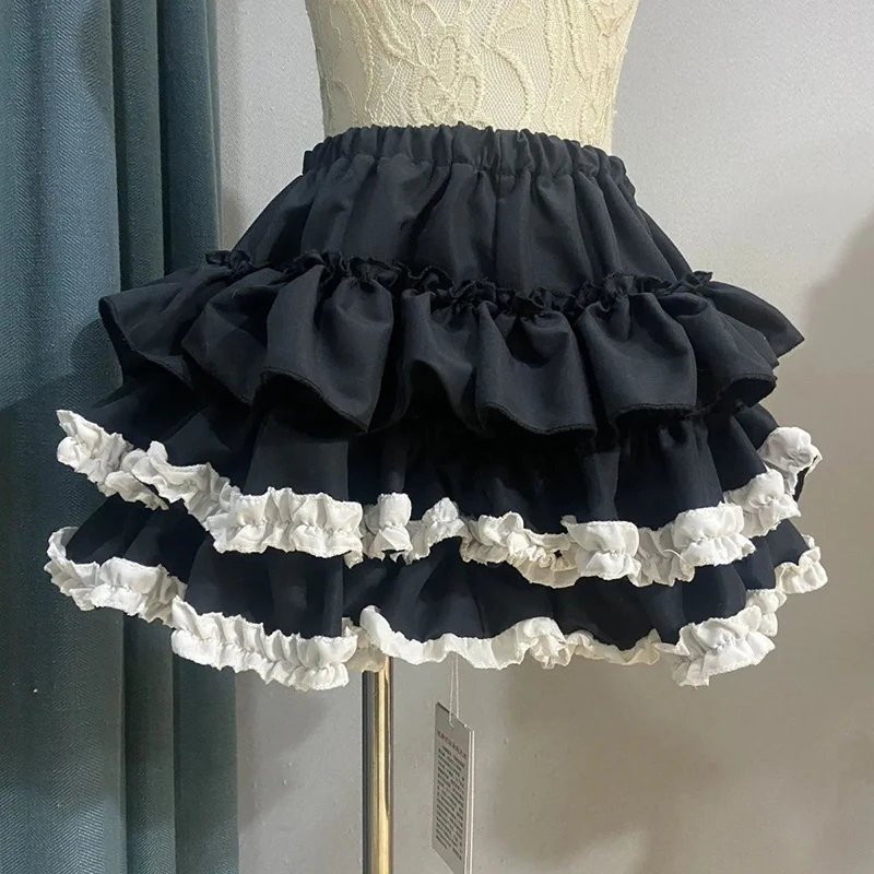 Kawaii Lolita Mini Skirt Women Summer Ruffles Patchwork Hottie Cake Skirts High Waist Sweet Folds Cute Casual A Line Skirt New
