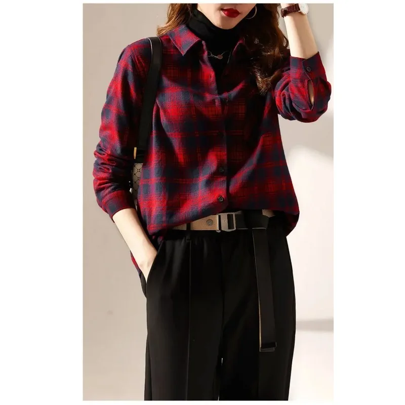 Trendy Plaid Shirt Women Long-sleeved Spring Autumn Blouse New Design Top Casual Versatile Shirt Jacket Blouses Shirts Lapel