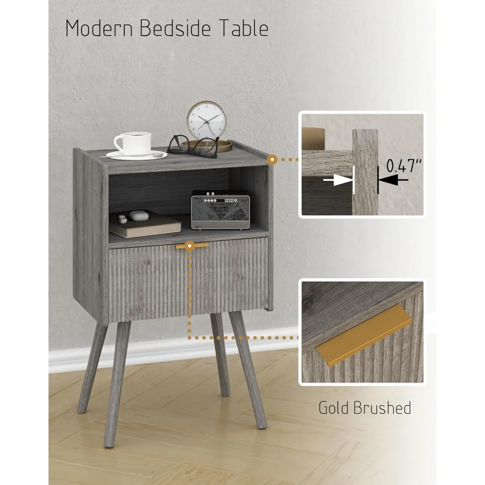 Mesita de noche, mesita de noche moderna con cajón de almacenamiento y estante de madera abierto, para sala de estar, dormitorio y espacios pequeños, noche decorativa