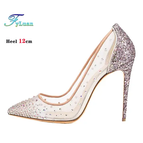 Donne Air Mesh Tacchi Alti 6 CENTIMETRI 8 CENTIMETRI 10 CENTIMETRI 12 CENTIMETRI Lucido Strass Estate Elegante Delle Signore Pompe di Modo A Punta Del Partito Singoli Scarpe da Donna