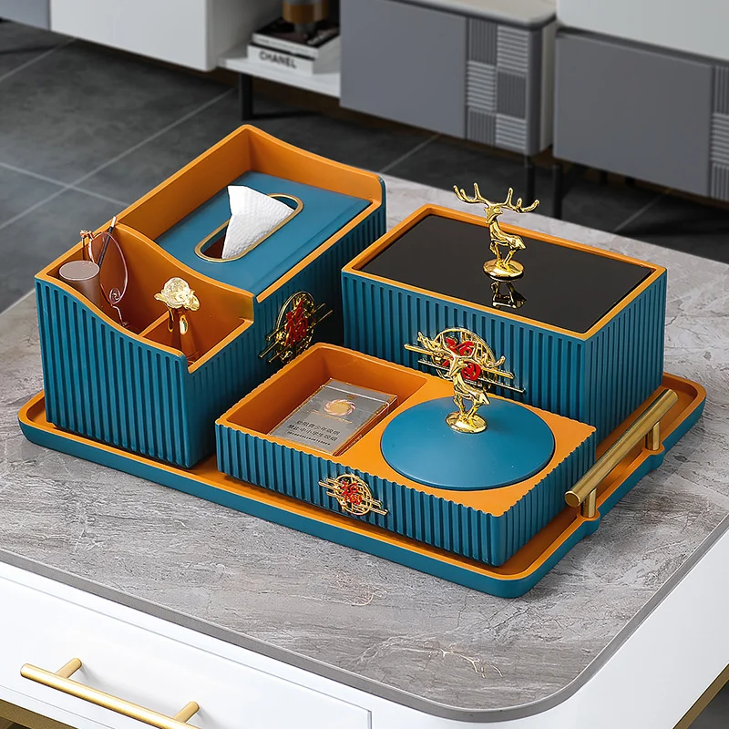 New Chinese paper towel box, tea table accessories, four piece set, multi-functional storage box, living room, high-end luxury