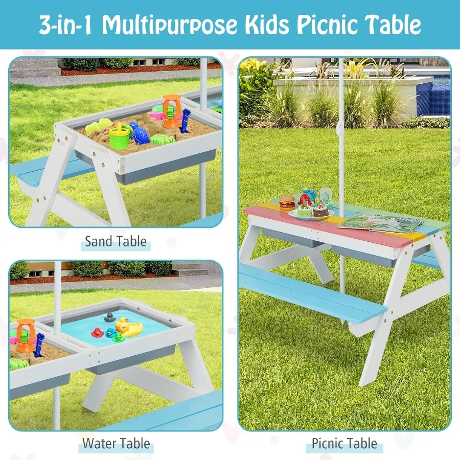 Mesa de picnic Mesa de picnic para niños pequeños 3 en 1 con paraguas de altura ajustable Mesa para exteriores con mesa desmontable y juego extraíble B
