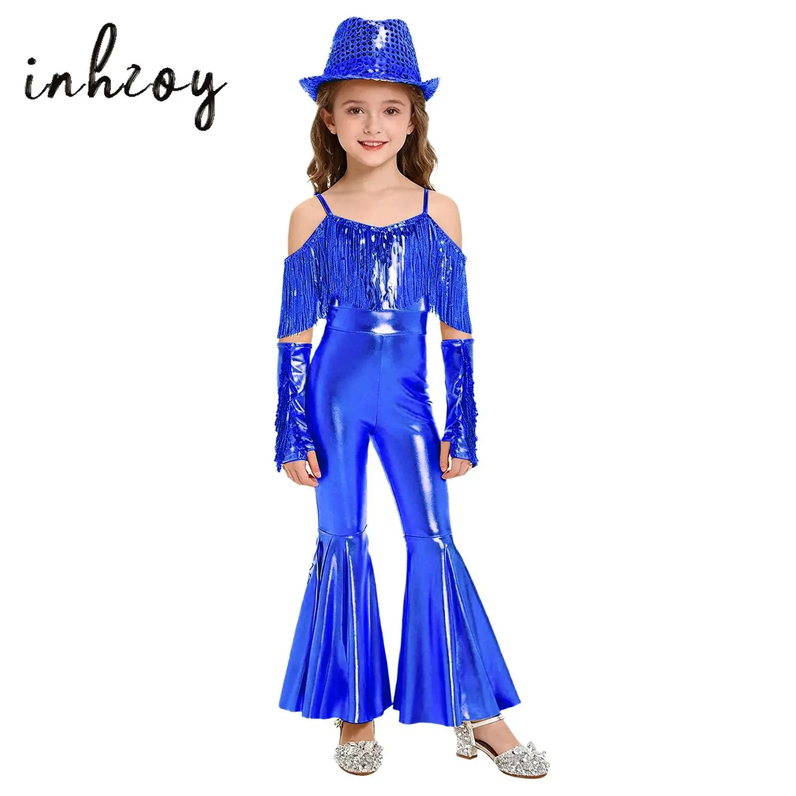 

Girls Western Cowgirls Jazz Disco Dance Jumpsuit Hat Gloves Set Sleeveless Sequins Tassels High Waist Flared Unitard Pageant