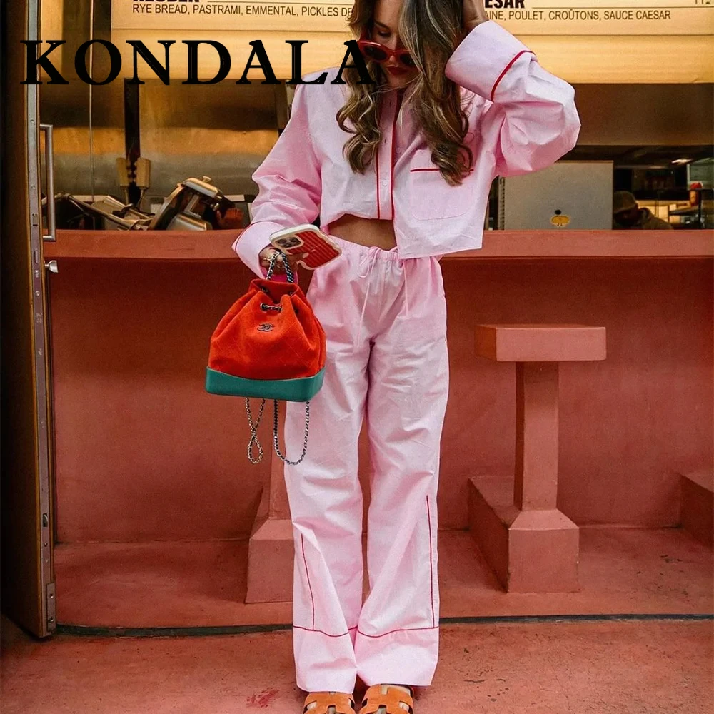 KONDALA 2025 Spring Summer Casual Striped Suit Fashion PATCHWORK Turn Down Collar Streetwear Short Shirt+Elastic Waist Long Pant