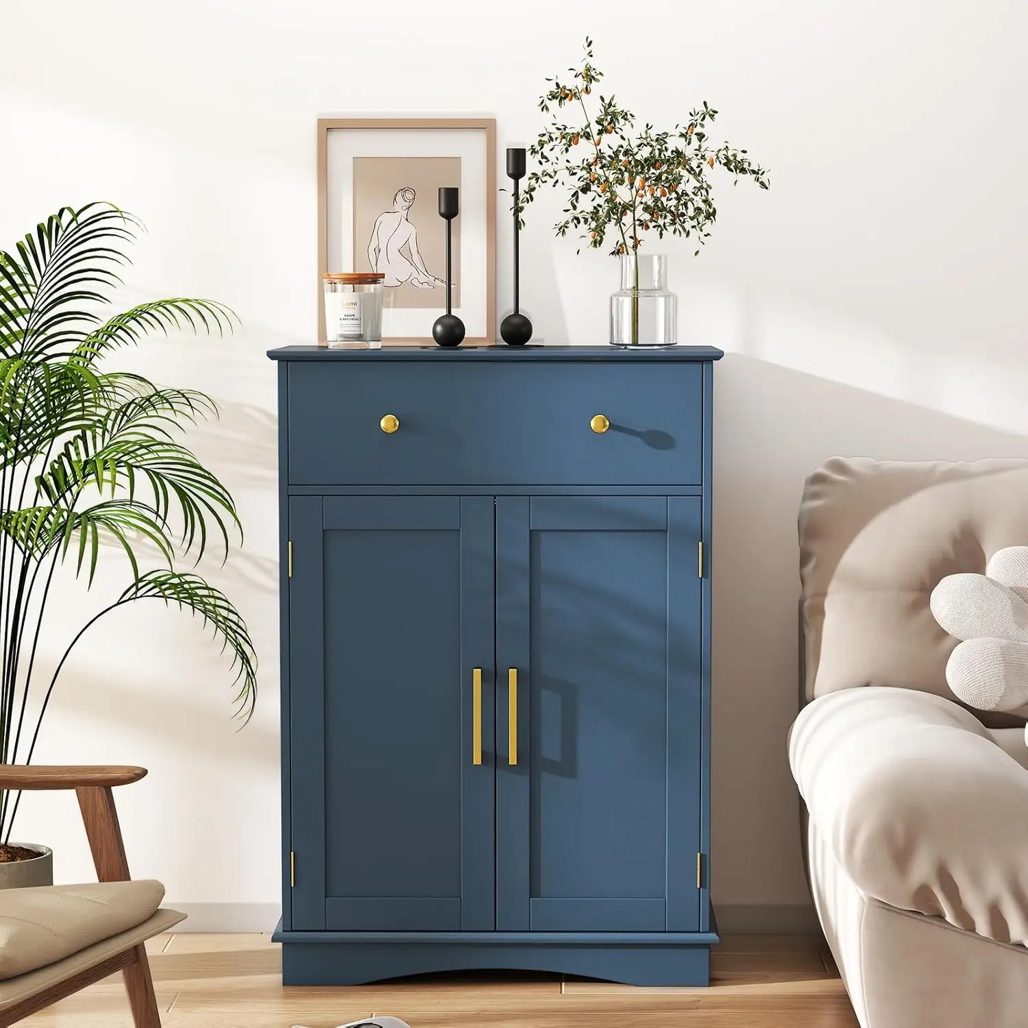 خزانة تخزين حمام حديثة قائمة بذاتها مع درج كبير قابل للسحب، بابين، رف قابل للتعديل لغرفة المعيشة باللون الأزرق الداكن #4