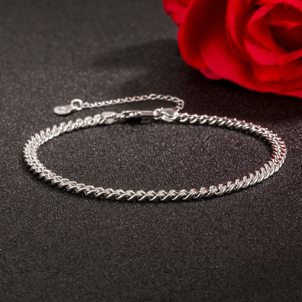 Women\'s 3mm 4mm Sterling Silver Cuba Chain Anklet Set Ankle Bracelet Leg Foot Chain Beach Charms Fine Jewelry for Females