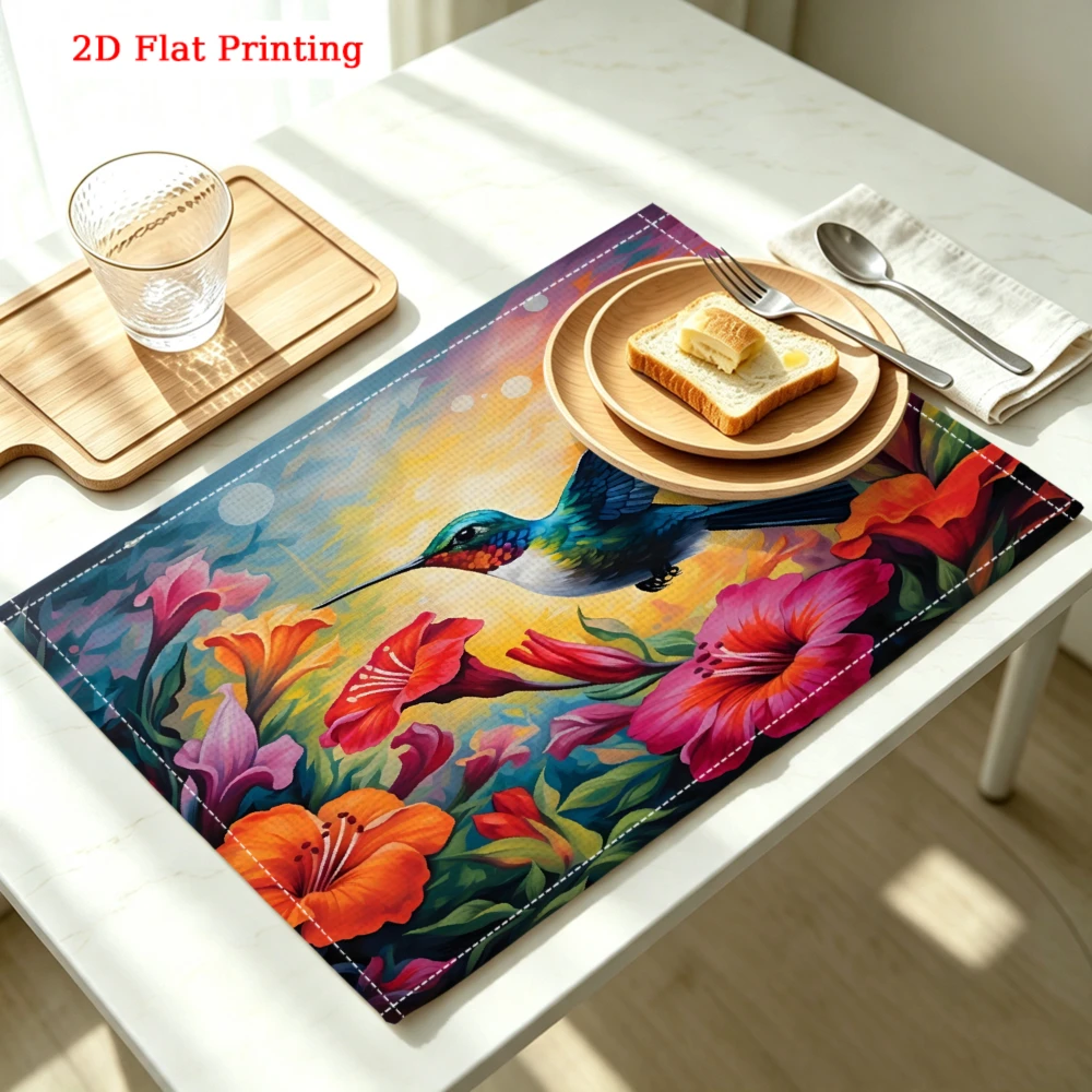 2Pcs Hummingbird Floral 2D Printed Placemat Kitchen Dining Home Decor Protection 30X40Cm