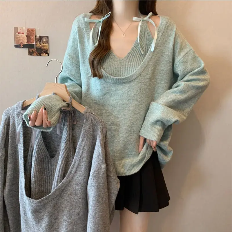 

Женский осенний новый корейский стиль, модный повседневный кардиган с внутренним ремешком, вязаный свитер, комплект из двух предметов