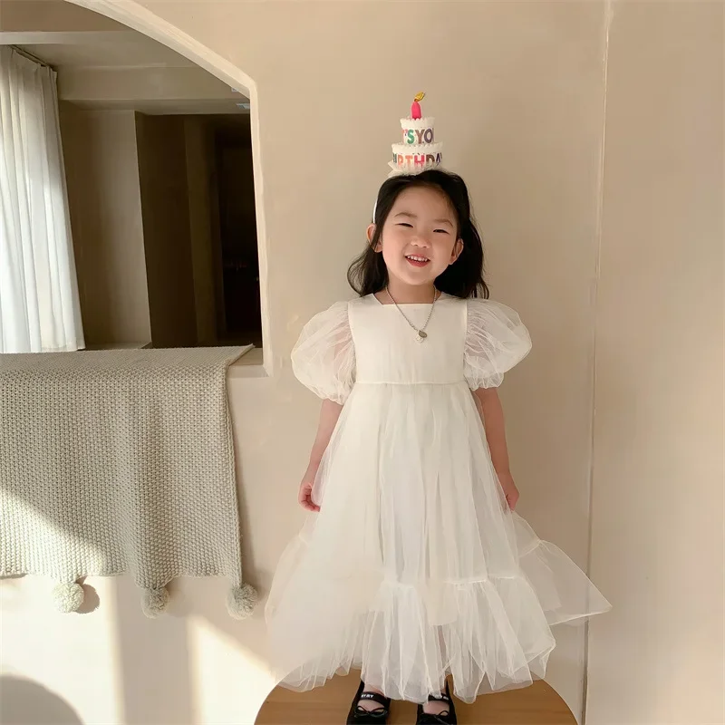 Children's Princess Dress Korean Girl's Lace  White Fairy Dress Birthday Show Dress flower girl dresses  kids clothes girls