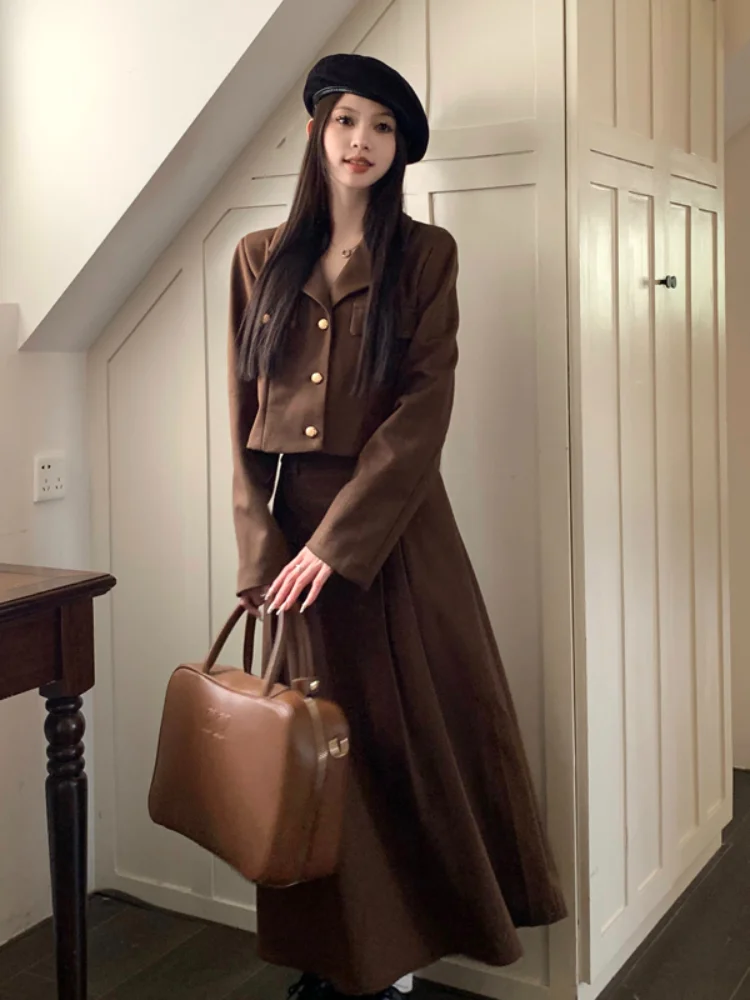 UNXX Fall/Winter College Style Cropped Blazer Suits Pleated Skirt Set Vintage Casual Single-breasted Coat + Skirt Two-piece Sets