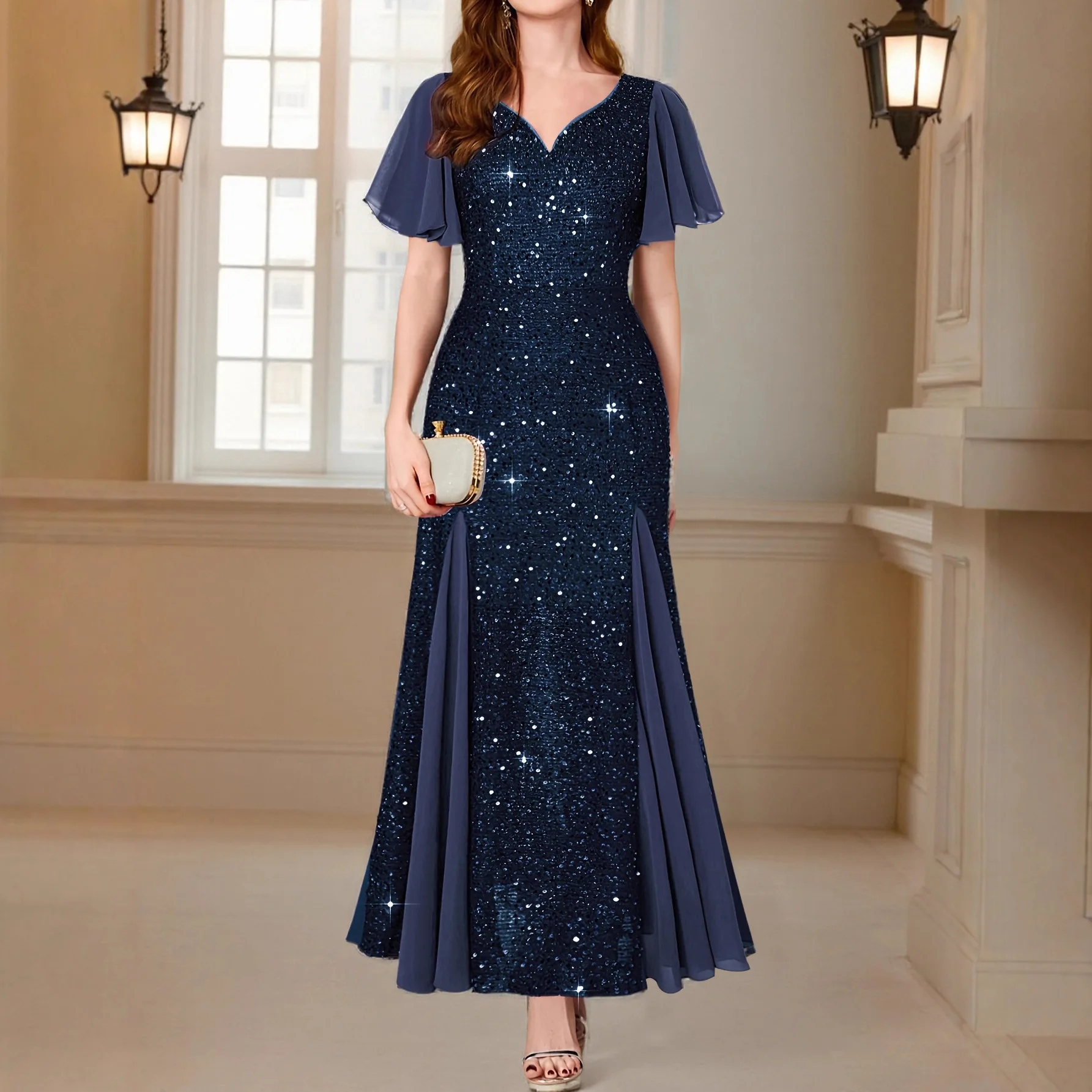 

2025 Autumn Collar Sequined Splicing Ruffle Edge Sleeves Party Long Dress Dress Dress