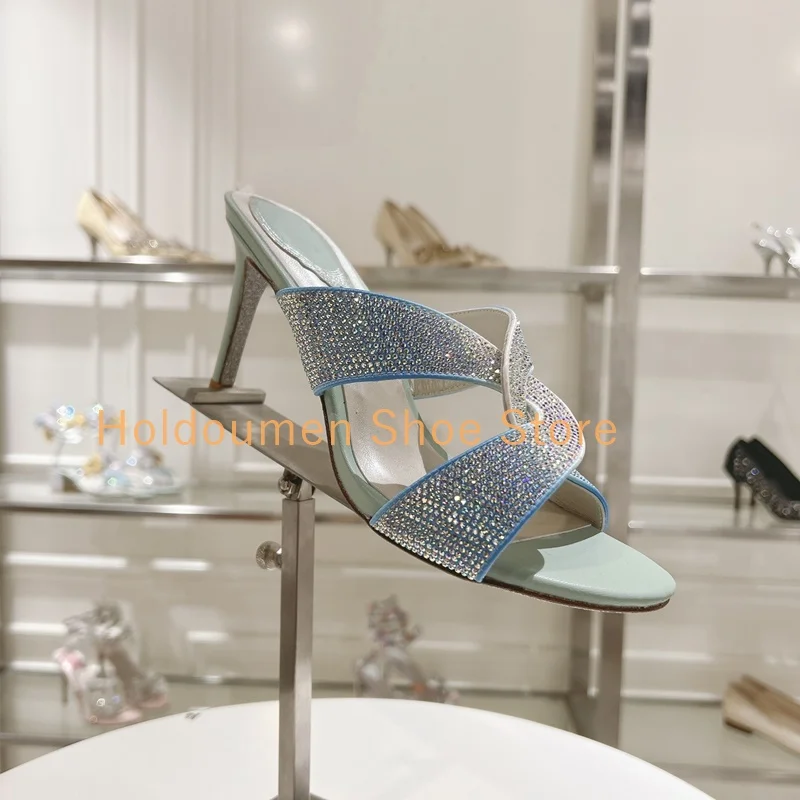 Pink Grain Pearl Blue Gradient Satin X-Shaped Strap Full Rhinestones Peep Toe Slippers Luxury Hot Diamond Stiletto Slippers