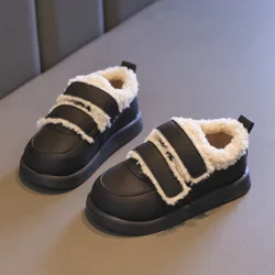 Children Cotton Shoes Solid Color Thick Soled Kids Causal Shoes Fashion 2023 Winter Warmth PU Leather Girl Plush Shoes Hook Loop