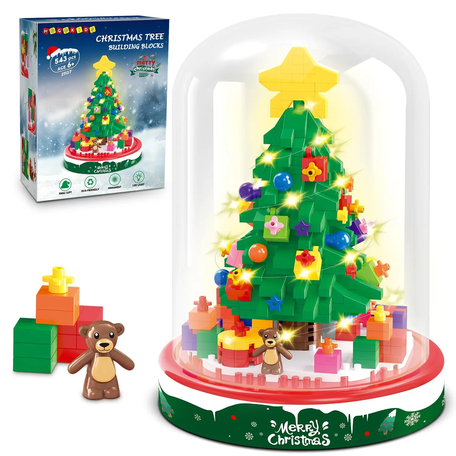 

HOGOKIDS Christmas Tree Building Set with LED-Micro Mini Xmas Tree Blocks Kit Tabletop Christmas Ornament Gift for Adults Kids