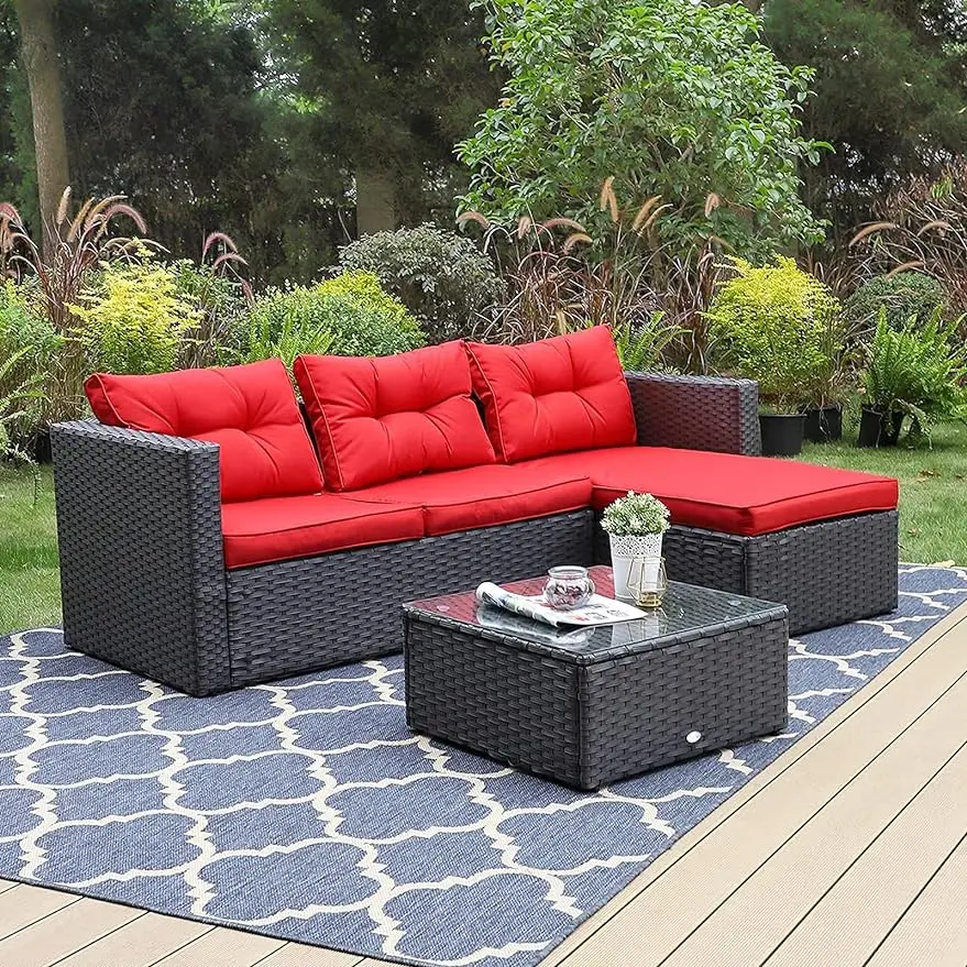 

Patio Sectional Clearance Manual Weaving Wicker Rattan Small L-Shaped Outdoor Furniture Sofa Set with Upgrade Rattan (3 Piece）