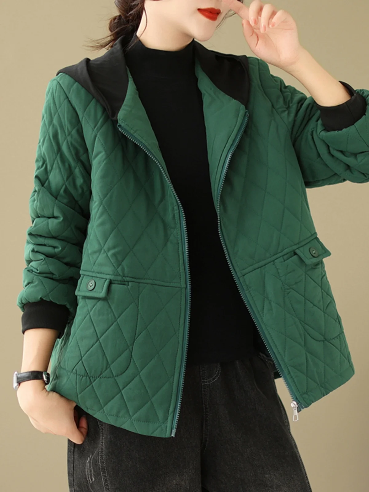 

Thiened Cotton Jaet Large Size Diamond Pattern Ladies Winter Casual Cotton Filled Warm Hooded ort Coat Zipper Closure