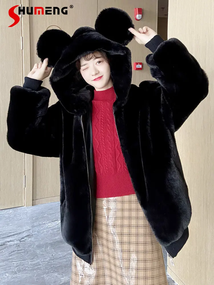 

Japanese Style Cute Girl Lamb Wool Plush Fur Coat Female Winter New Princess Woman Bear Ear Hooded Rex Rabbit Faux Fur Coats