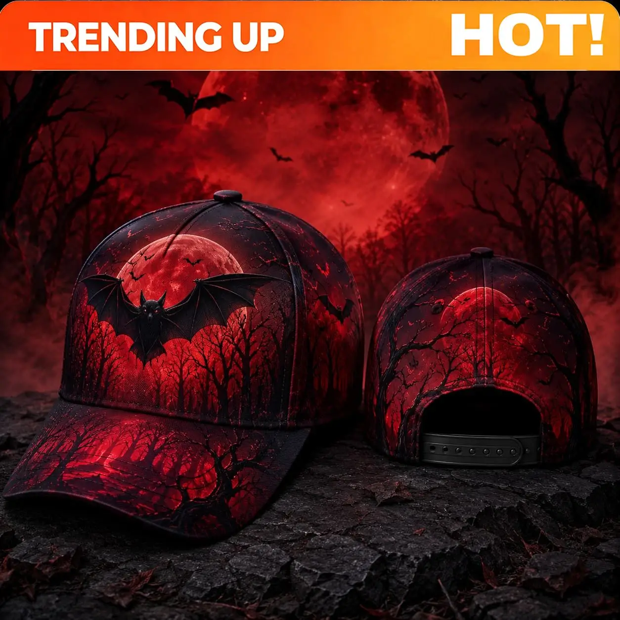 Customization Men' & Women' Retro Horror-Themed Baseball Cap With Blood Moon, Bats, Bare Trees & Forest Print - Full Positioning