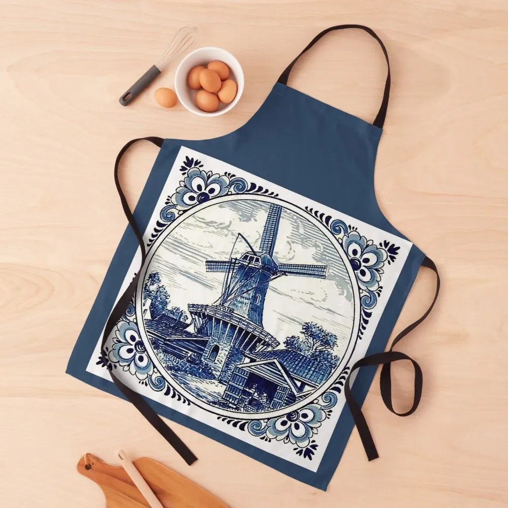 

DUTCH BLUE DELFT : Vintage WindmillPrint Apron Home Supplies For Men for kitchen useful Apron