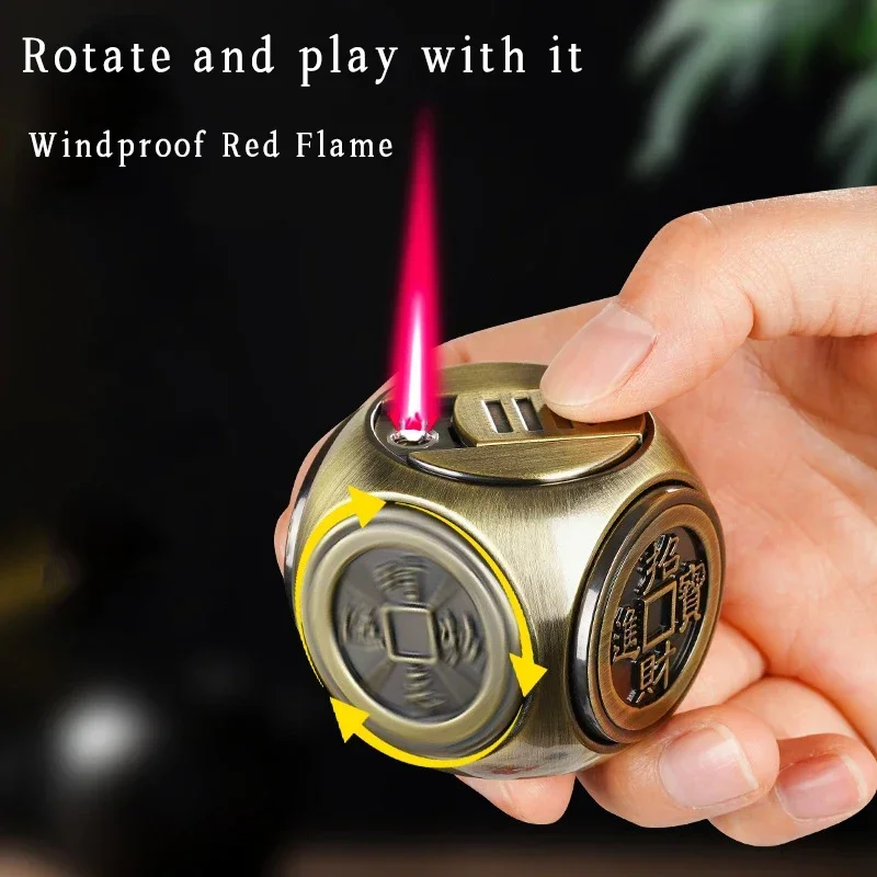 New Mini Metal Four Sided Rotating Gyroscope Dice Inflatable Lighter Windproof Jet Flame Decompression Lighter Men\'s Gift