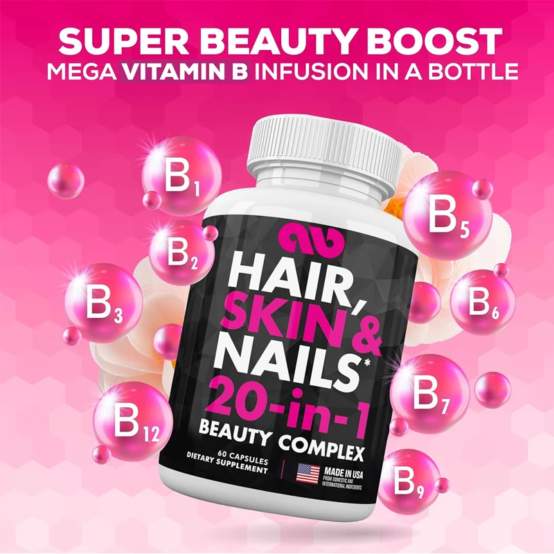 

Biotin, collagen, silica, hyaluronic acid, and keratin - hair, skin, and nail vitamins - nails and skin -60 capsules