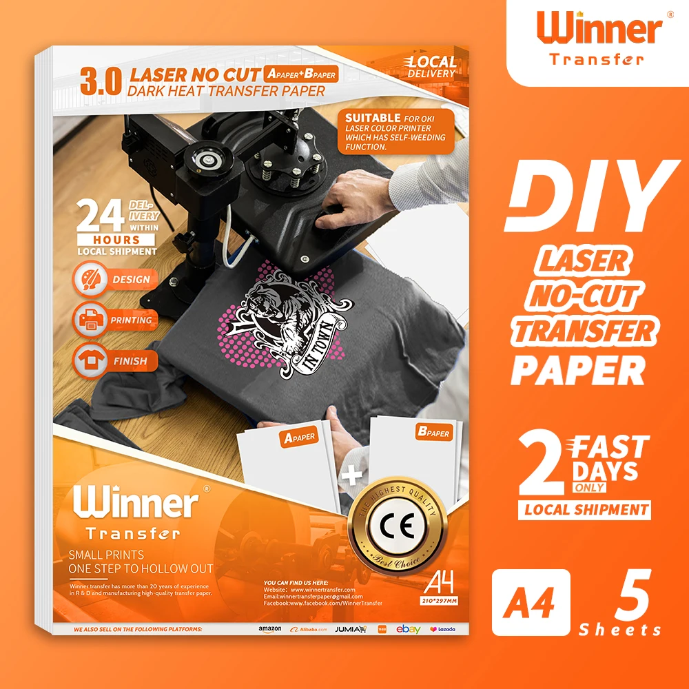 WinnerTransfer-Papel de transferencia de calor oscuro sin corte para camisetas, papel A + B, autodeshierbe A4, 10 hojas para máquina de prensado de