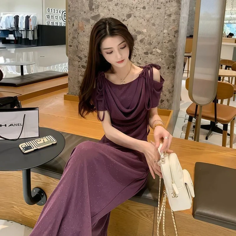 

Women's Sequin High-end Fashion Set Summer New Casual Off Shoulder Short Sleeved Wide Leg Pants Two-piece Set