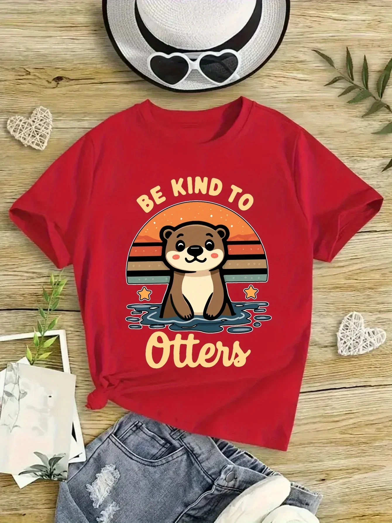 

Adorable Otter Sunset Graphic Tee for Girls with "Be Kind To Otters"Short-Sleeve Summer Top Casual Round Neck Children Clothing