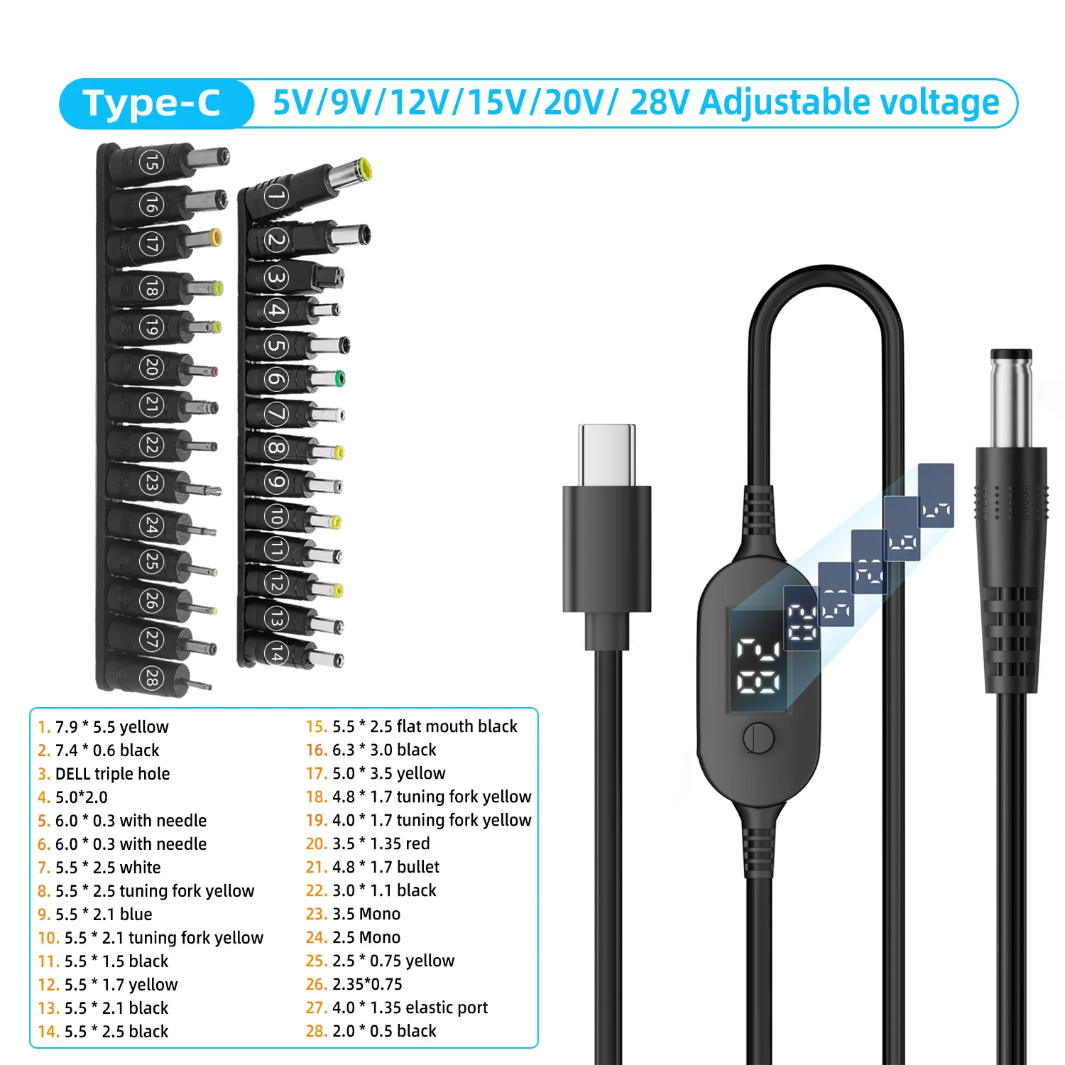 USB-C-auf-DC-Stromkabel 140W Typ-C auf 5V 9V 12V 15V 20V 28V Einstellbarer Spannungsadapter Anschlusskabel für Laptops und Router