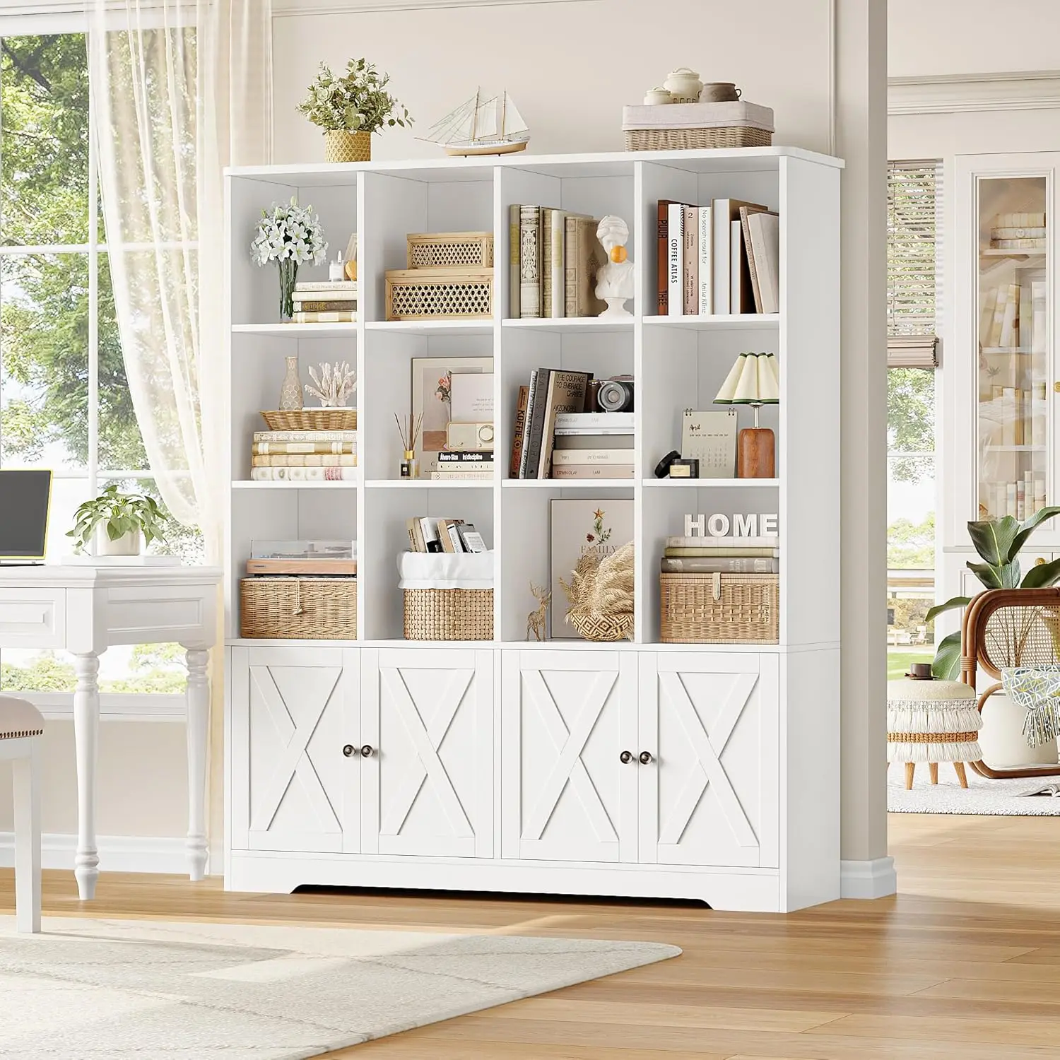 

White Bookshelf and Bookcase, Double Wide Bookcase with 4 Doors, 47.6 Wide Kids Bookshelf with Storage, Kids Book Shel