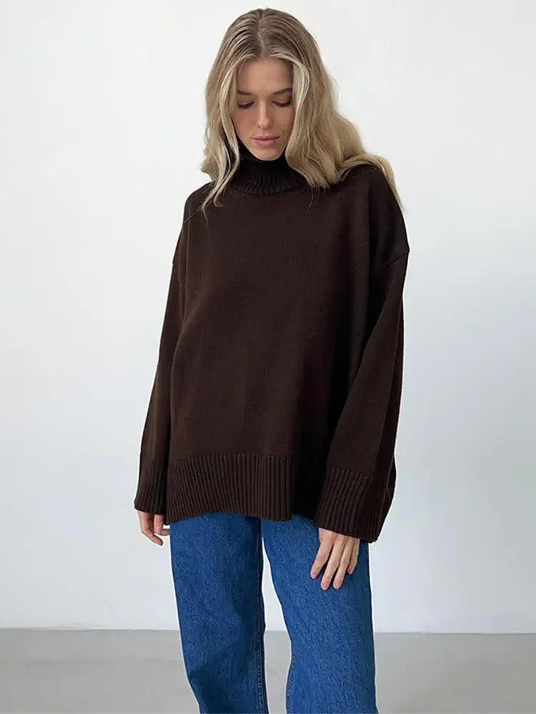 Women\'s Turtleneck Oversize Cashmere Sweaters Vintage Long Sleeve Knitted Red Brown Sweater Pullover 2024 New All-match Knitwear