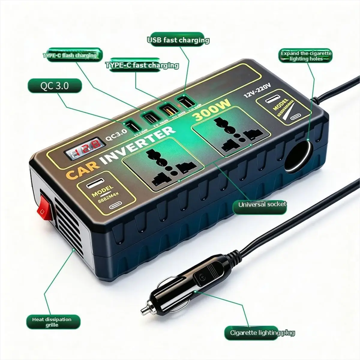12V to 220V 300W Lighter Car Inverter with Dual Type-C Multi-Port Fast Charging Power Supply