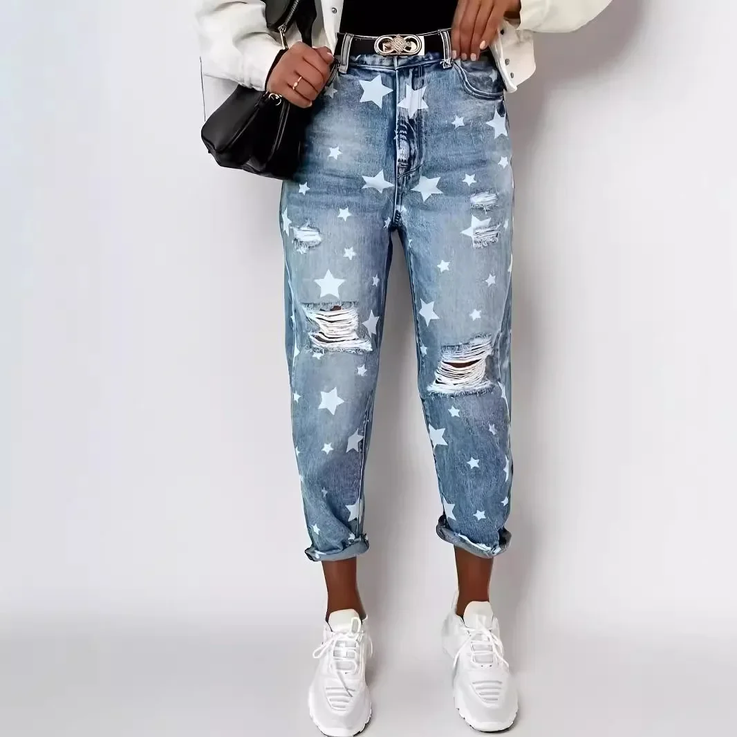 Jeans Denim Holes Ripped Washed Jean Ankle Length Straight Pants Women Spliced Pockets Loose Fit Casual  Distressed