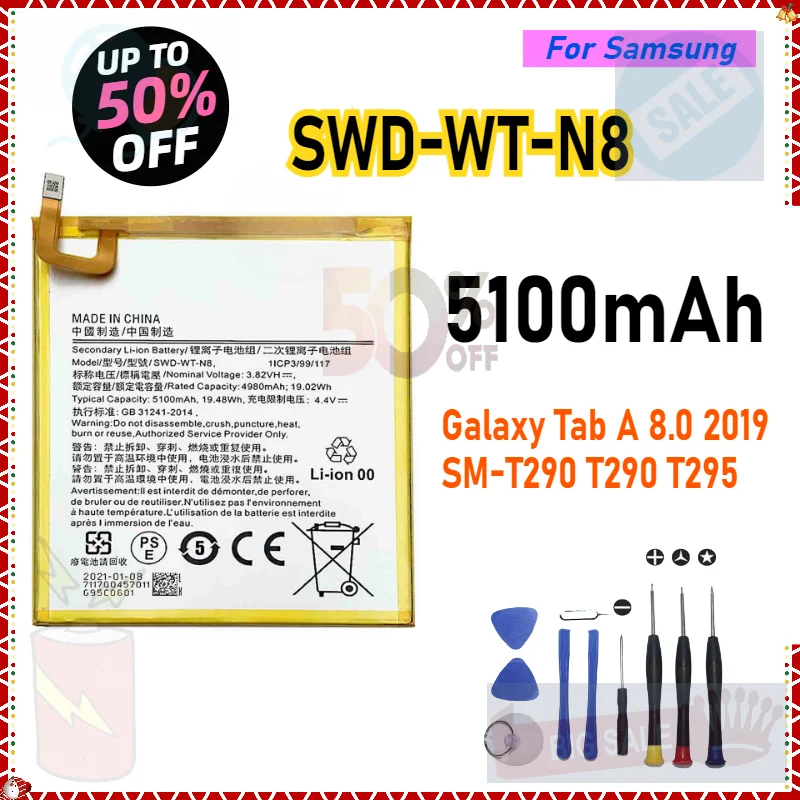 

5100mAh SWD-WT-N8 Battery for Samsung Galaxy Tab A 8.0 2019 SM-T290 T290 T295 High Quality Replacement Phone Batteries
