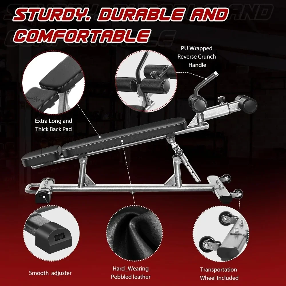 Sit-Up Bench com 4 alturas ajustáveis e Reverse Crunch Handle, Banco de peso ajustável e Flat, Decline Decline Bench Press