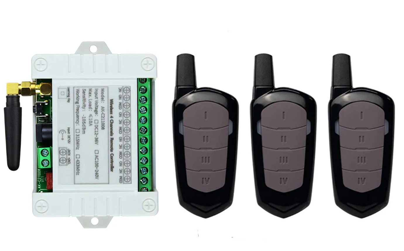 Inteligente múltiple DC 12V 24V 36V 433MHz 4CH 4 canales inalámbrico 10A relé RF transmisor receptor de interruptor de Control remoto para garaje