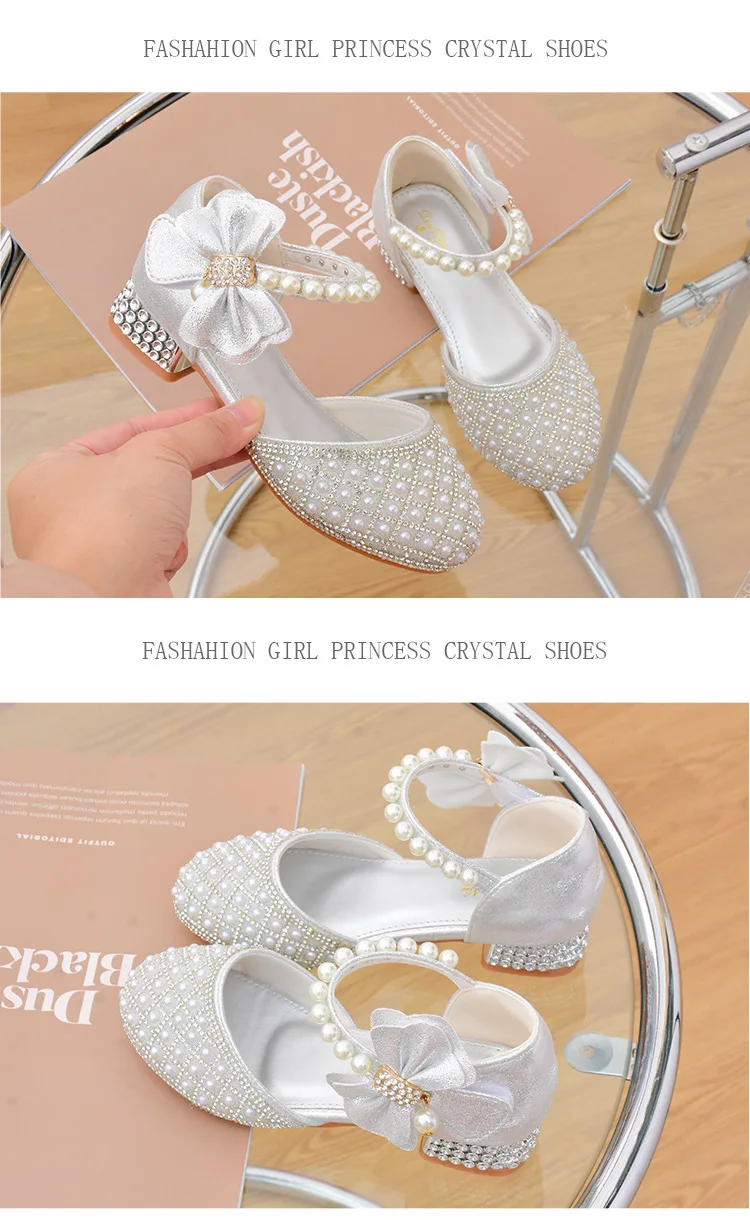 Rhinestones Princess Party Shoes Shiny Crystal Bow White Children High Heels Girls Sandals Summer Kids Student Performance Shoes