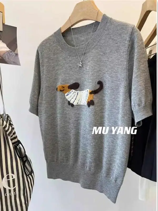 

Korean Style Short Sleeve T-Shirt Women's Fashionable Top Dainty Sausage Dog Print Preppy Shoulder Line Knitted Sweater