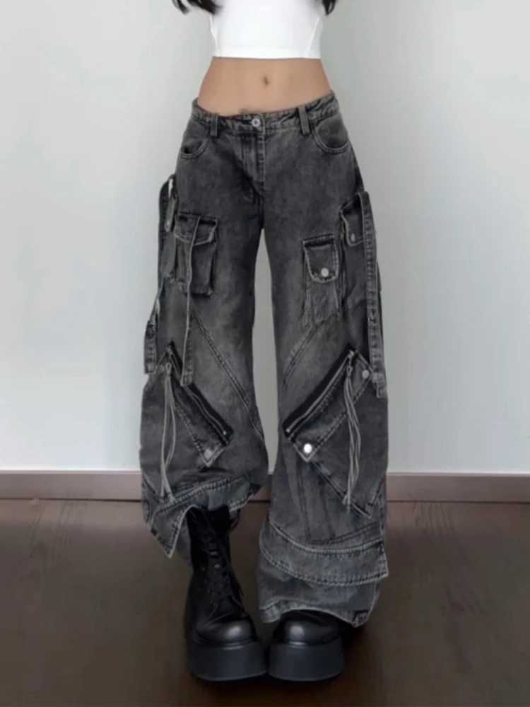 

Женские черные джинсы, брюки-карго, уличная одежда, американские широкие брюки с высокой талией, модные женские зимние прямые брюки в стиле Y2K