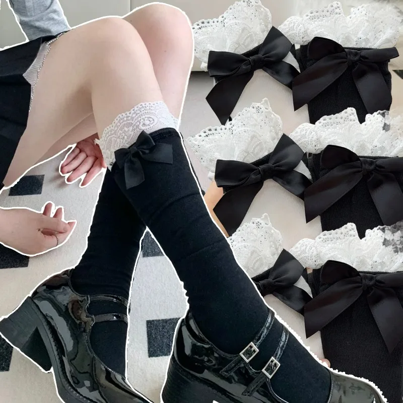 

1-2Pairs Y2K Gothic Lolita Socks Mid Calf Bow Lace Trim Anti Slip for Women Korean Style Fashion Sock for Cosplay Anime Stocking