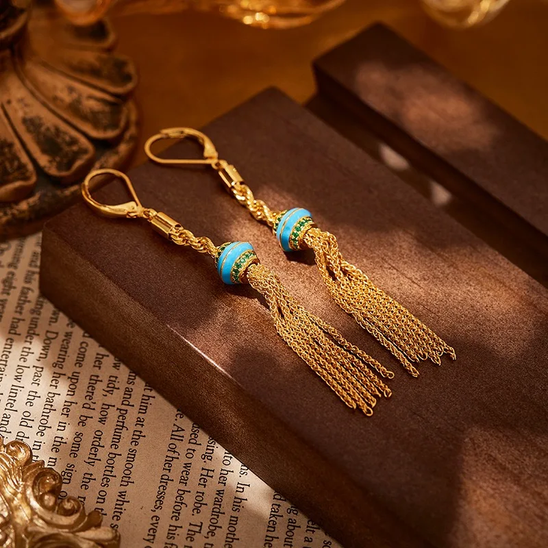 New Long Champagne Colour Tassel Necklace Earrings CZ Zircon Sweater Chain Necklace Drop Earrings For Women Dating Party Jewelry