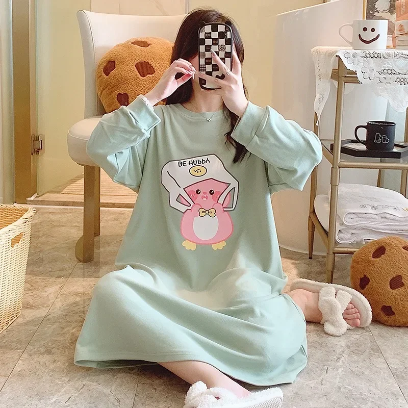 5XL Plus Size Velvet Nightgowns Women Cartoon Pyjamas Winter Warm Thick Sleepwear Long Sleeve Nightdress Sweet Loose Home Dress