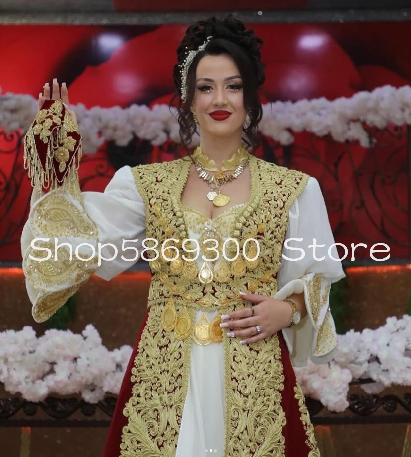 Vestidos de graduación de novia tradicional albana con chaqueta, terciopelo burdeos, apliques dorados, bata de caftán árabe, vestido de noche Ooccasion