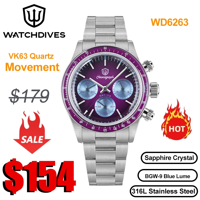 Watchdives WD6263 Vintage Racing Chronograph Watch VK63 Quartz Movement Bubble Sapphire Crystal Luminous 100m Waterproof Watches
